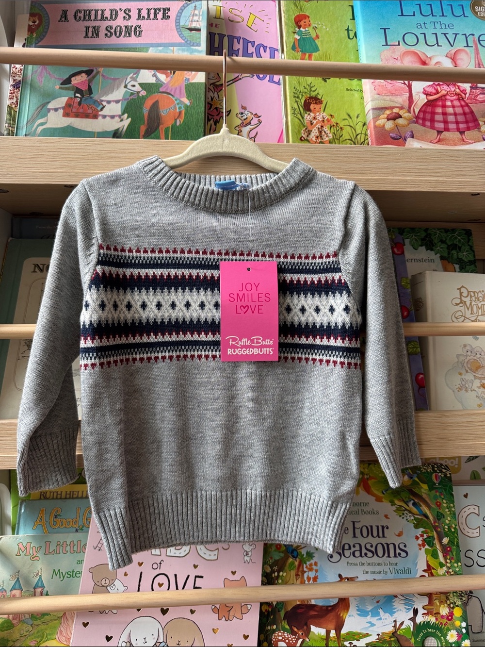 Ruffle Butts Gray Fair Isle Crew Sweater, 12-18, NWT